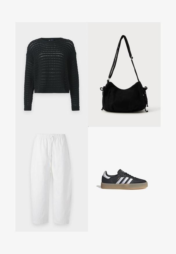 Suéter negro de punto con diseño de trama abierta, mangas largas y cuello acanalado. Presenta un largo corto y un detalle texturizado en toda la prenda.; Abercrombie & Fitch PULL ON BARREL - Pantalones - white; Zapatilla deportiva de cuero negro con tres rayas plateadas, punta texturizada y suela de goma. Cuenta con un collar acolchado y un diseño con cordones.; Bolso de hombro de pana negra con forma curva, correa ajustable y cierres de cordón en ambos lados para ajustar el tamaño.