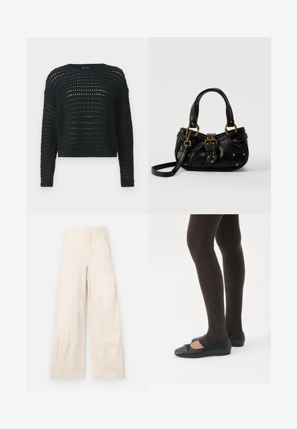 Sort strikket sweater med åbent vævdesign, lange ærmer og ribbet halsudskæring. Har en kort længde og strukturelle detaljer hele vejen igennem.; Bredde bukser i beige bomuldsstof med forlommer og en glat tekstur. Ingen synlige udsmykninger eller mønstre.; Ben iført mørke ribbede leggings kombineret med sorte balletsko med små sløjfedetaljer på hvid baggrund.; Sort læderhåndtaske med guldbælge og nitdetaljer, korte håndtag og en justerbar skulderrem på en ensfarvet hvid baggrund.