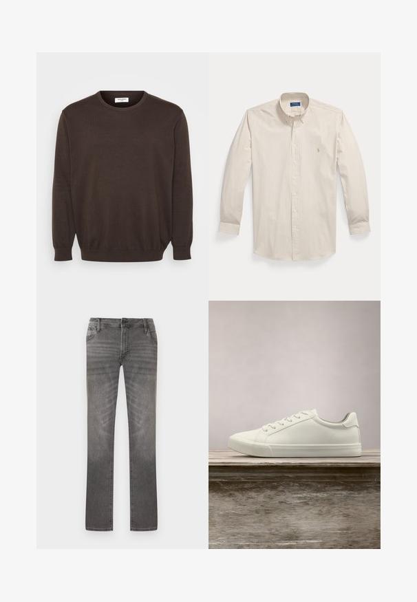 Brun striktrøje med rund halsudskæring, lange ærmer og ribbede manchetter og kant. Glat stofstruktur, klassisk design uden pynt.; Langærmet beige og hvid langstribet skjorte med knapper foran, knaplukket krave og et lille broderet logo på brystet.; Grå straight-leg cowboybukser med klassisk fem-lomme-design og knaplukning, let falmede på lår- og knæområderne.; Hvide snørresneakers svævende over en træbænk med grønne planter i baggrunden, der fremhæver skodesign og tekstur.