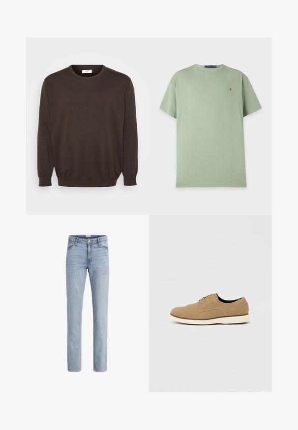 Pull en maille marron avec un col rond, des manches longues et des poignets et un ourlet côtelés. Texture de tissu lisse, design classique sans ornements.; T-shirt vert clair manches courtes à col rond avec petit logo brodé Polo Ralph Lauren sur le côté gauche de la poitrine.; Jean en denim bleu clair à jambes droites, avec poches avant, passants pour ceinture, fermeture par bouton, et détails subtils d'usure.; Chaussure à lacets en daim marron clair avec semelle blanche et coupe basse à la cheville, vue de profil sur un fond neutre.