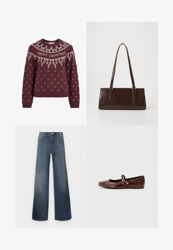 Pull bordeaux à encolure ronde avec le texte blanc "MERRY CHRISTMAS" et un motif de flocon de neige tricoté sur le yoke et le corps.; Jeans en denim à jambes larges de couleur bleu foncé, avec une finition déchirée, fermeture à bouton et style à cinq poches. Texture lisse, détails de couture minimalistes.; Ballerine en cuir verni marron avec un bout carré et une lanière ornée d'une petite boucle dorée. Texture lisse, talon bas et design minimaliste.; Sac à main en cuir verni marron de forme rectangulaire, avec deux longues poignées et des accents courbés subtils à l'avant.