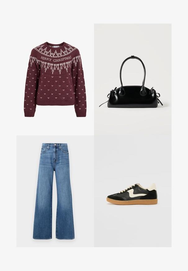 Pull bordeaux à encolure ronde avec le texte blanc "MERRY CHRISTMAS" et un motif de flocon de neige tricoté sur le yoke et le corps.; Jean large à taille haute bleu avec fermeture à bouton et à zip, poches avant et décoloration subtile sur le tissu.; Baskets en daim et cuir noir avec un swoosh latéral crème et un talon crème clair. Dotées de lacets beige et d'une semelle en caoutchouc gomme.; Petit sac à main noir brillant avec deux longues anses et des détails à cordon sur les côtés sur un fond clair uni.