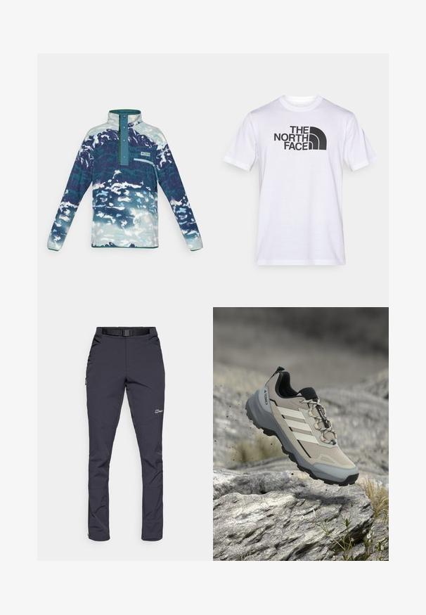 Langærmet fleece-pullover med høj krave, trykknapper, brystlomme med lynlås og abstrakt mønster i blå-hvide nuancer.; Hvid bomuld t-shirt med et sort logo af "THE NORTH FACE" og et buet designelement. Kortærmet og med rund hals.; Vandtætte bukser i mørkegrå farve, lavet af slidstærkt stof. Funktioner inkluderer et bælte, sidelommer og lynlåsede ankler.; Lysegrå og sorte Adidas Terrex vandresko svævende i luften over stenet terræn med små planter i udendørsmiljø.