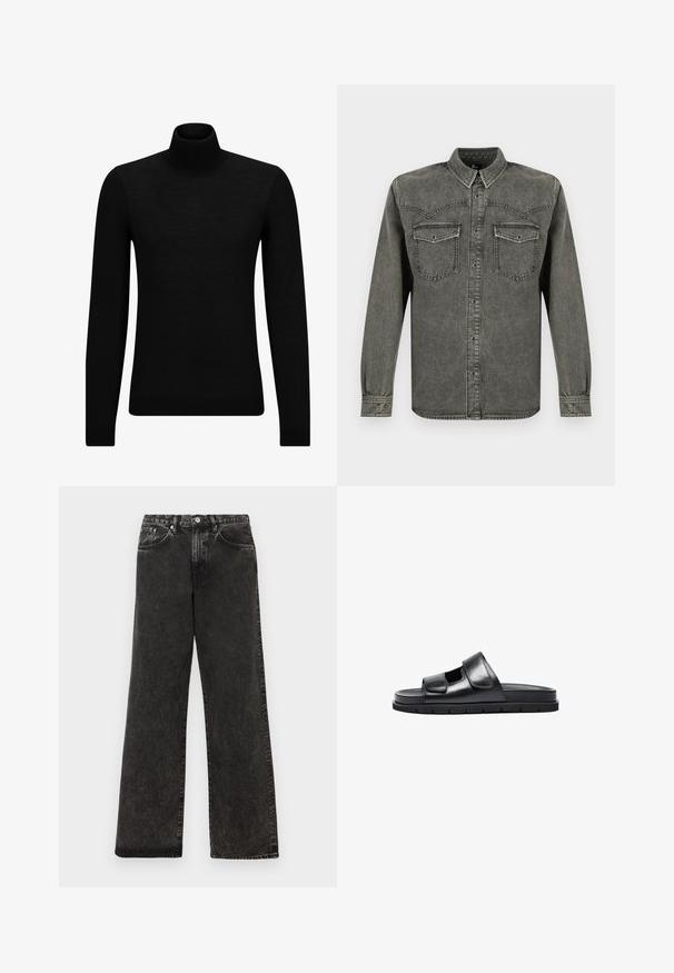 Pull à col roulé noir en matériau doux, avec des manches longues et une coupe ajustée. Finition côtelée au bas et aux poignets. Design simple.; Chemise en jean noire à manches longues, délavée, avec boutons sur le devant et poches poitrine à rabat, présentée sur un fond blanc.; Jean large en denim noir avec une texture décolorée, cinq poches, fermeture à bouton à l'avant et accents en métal argenté.; Sandal en cuir noir à enfiler avec une large bandoulière réglable, bout ouvert et semelle texturée. Design minimaliste avec une semelle intérieure plate et rembourrée.