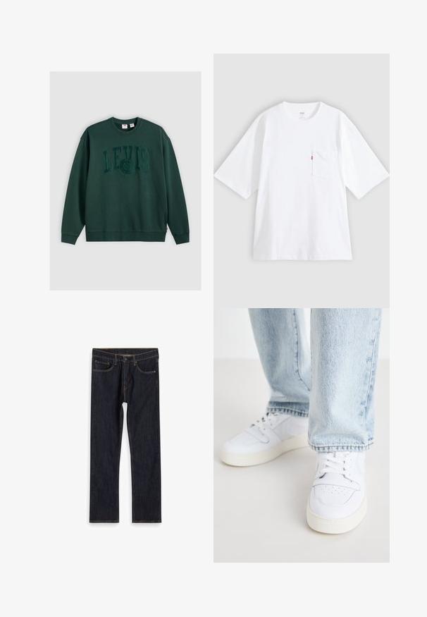 Sweatshirt vert foncé en coton, avec un grand logo en relief "LEVI'S" centré sur le devant, et des poignets et un ourlet côtelés.; T-shirt en coton blanc à manches courtes, col rond et poche poitrine gauche. Comprend une petite étiquette logo rouge sur la poche.; Jean droit en denim bleu foncé avec poches avant, passants de ceinture et coutures orange contrastées, posé à plat sur un fond blanc.; Baskets basses en cuir blanc avec un bout perforé, des lacets plats et un design minimaliste. Associées à un jean en denim bleu clair.