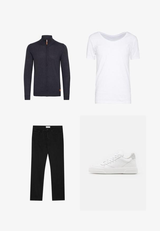 Gilet tricoté gris foncé avec un col montant, fermeture éclair intégrale à l'avant, poignets et ourlet côtelés, avec un petit accent en cuir près du bas.; T-shirt blanc à manches courtes, décolleté en scoop, texture douce, coupe décontractée, fabriqué en tissu léger avec un léger stretch. Sans motifs ni accents.; Jean droit noir avec un design à cinq poches, fermeture à bouton et zip, et une étiquette de marque Pier One sur la taille.; Des baskets en cuir blanc avec une finition lisse, un bout rond, des lacets plats et une semelle texturée. Accents en daim gris au niveau du talon.