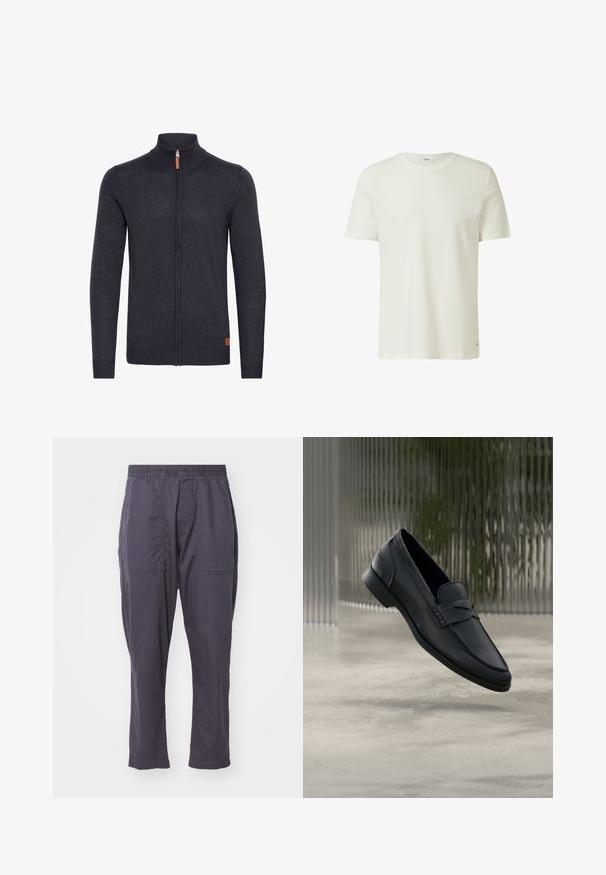 Donkergrijze gebreide cardigan met een hoge kraag, volledige ritssluiting aan de voorkant, geribbelde manchetten en zoom, met een klein leren accent near de onderkant.; Witte T-shirt met korte mouwen van gestructureerde stof. Voorzien van een ronde halslijn en een klein logodetail bij de zoom. Met een gladde afwerking.; Donkergrijze, lichtgewicht broek met een elastische tailleband, twee voorzakken, een rechte pijpdesign en een gladde textuur.; Zwarte leren loafer met een gladde afwerking, puntige neus en gestikte details over de wreef. Lage hak en minimalistisch ontwerp.