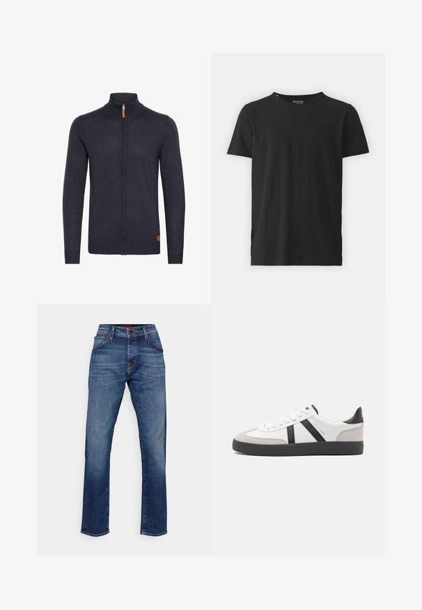 Gilet tricoté gris foncé avec un col montant, fermeture éclair intégrale à l'avant, poignets et ourlet côtelés, avec un petit accent en cuir près du bas.; T-shirt en coton noir avec un col rond et des manches courtes. Présente un design épuré sans motifs ni accents. Simple et polyvalent.; Jean en denim bleu foncé avec une coupe droite, dotés d'une fermeture éclair à l'avant et d'un bouton, cinq poches et des détails de couture subtils.; Baskets blanches avec des accents noirs et gris, présentant un embout texturé gris, une semelle en caoutchouc noir et des lacets plats blancs. Design épuré, style minimaliste.