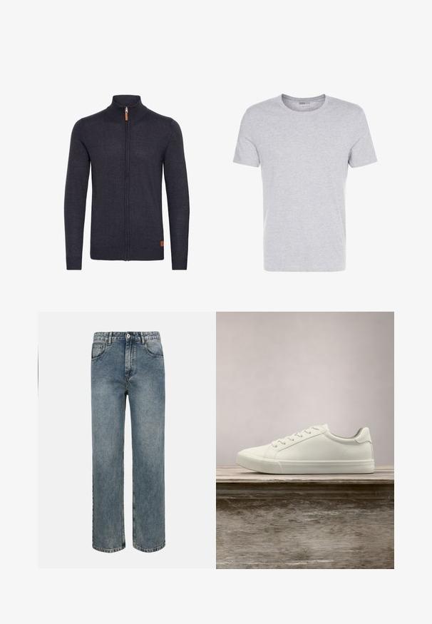 Donkergrijze gebreide cardigan met een hoge kraag, volledige ritssluiting aan de voorkant, geribbelde manchetten en zoom, met een klein leren accent near de onderkant.; Grijze katoenen t-shirt met een ronde hals, korte mouwen en een eenvoudige uitstraling, met een zachte, gladde textuur en zonder zichtbare patronen of versieringen.; Blauwe jeans met rechte pijpen en een hoge taille, voorzien van een knoop- en ritssluiting aan de voorkant, riemlussen en het klassieke ontwerp met vijf zakken.; Witte vetersneaker die boven een houten bank zweeft met groene bladeren op de achtergrond, waarbij het ontwerp en de textuur van de schoen worden getoond.