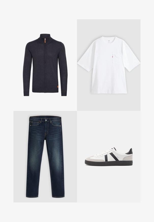Gilet tricoté gris foncé avec un col montant, fermeture éclair intégrale à l'avant, poignets et ourlet côtelés, avec un petit accent en cuir près du bas.; T-shirt en coton blanc à manches courtes, col rond et poche poitrine gauche. Comprend une petite étiquette logo rouge sur la poche.; Jean en denim bleu foncé avec une légère décoloration sur les cuisses, design à cinq poches et fermeture à bouton et zip, présenté à plat sur un fond gris.; Baskets blanches avec des accents noirs et gris, présentant un embout texturé gris, une semelle en caoutchouc noir et des lacets plats blancs. Design épuré, style minimaliste.
