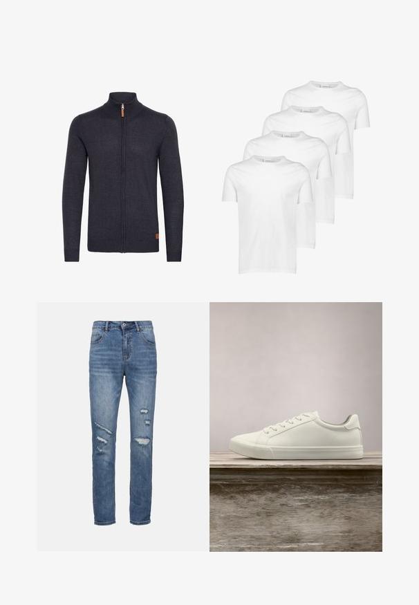 Gilet tricoté gris foncé avec un col montant, fermeture éclair intégrale à l'avant, poignets et ourlet côtelés, avec un petit accent en cuir près du bas.; T-shirts en coton blanc, à manches courtes, col rond, texture lisse, quatre pièces empilées avec un design uniforme et sans motifs ni accents.; Jean en denim bleu à coupe droite, avec des patchs déchirés, cinq poches et une fermeture à bouton. Design classique taille moyenne.; Sneaker en dentelle blanche flottant au-dessus d'un banc en bois avec un feuillage vert en arrière-plan, mettant en valeur le design et la texture de la chaussure.