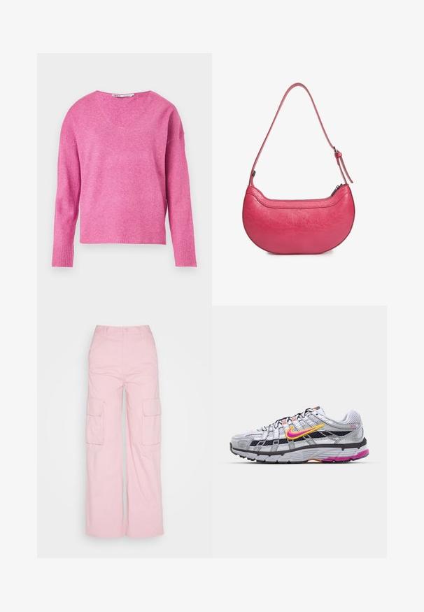 Un pull en tricot rose avec un col en V, des manches longues, des poignets côtelés et une texture douce. Le design présente une coupe légèrement ample.; Monki Pantalon cargo - light pink; Baskets de course en mesh gris avec un swoosh distinctif rose et jaune, accents noirs et une semelle en caoutchouc texturé. Comprend un embout renforcé et un col rembourré.; Sac à main en cuir rose avec une forme incurvée, une seule bandoulière réglable et une fermeture éclair sur le dessus. Fini texturé avec des plis visibles.