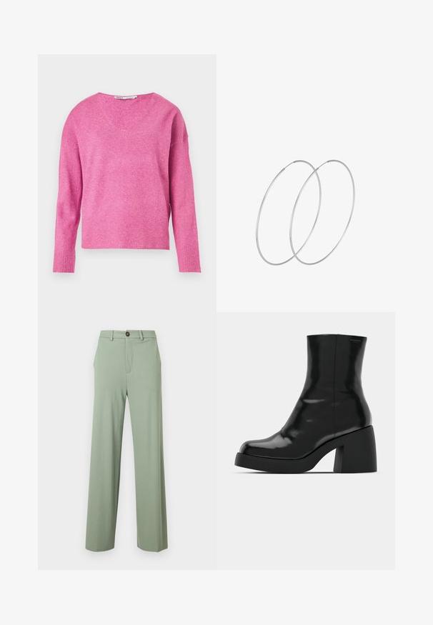 Rosa strikket sweater med V-hals, lange ærmer, ribbede manchetter og en blød tekstur. Designet har en let løs pasform.; Lysegrønne bukser med lige ben, bæltestropper, sidelommer og knaplukning i taljen.; Sorte ankelstøvler med en blank finish, firkantet tå og en tyk blokhæl. Designet har en strømlinet silhuet og minimal branding.; Sølvøreringe med et minimalistisk design. Cirkulær form, glat tekstur og tynd profil. Letvægtige med en poleret overflade.