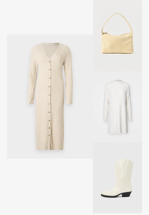 Suéter blanco de manga larga con un diseño acanalado, cuello alto y un ajuste suelto y holgado. Textura suave y dobladillo recto con aberturas laterales.; Vestido cárdigan largo beige de canalé con mangas largas y cierre frontal de botones que se extiende a lo largo de toda su longitud.; Bota blanca de estilo occidental hasta la mitad de la pantorrilla, con punta puntiaguda, tacón apilado negro, costuras decorativas y tira para tirar en el eje.; Pequeño bolso de cuero beige con una sola correa y tachuelas plateadas a lo largo de los bordes y la correa, sobre un fondo liso.