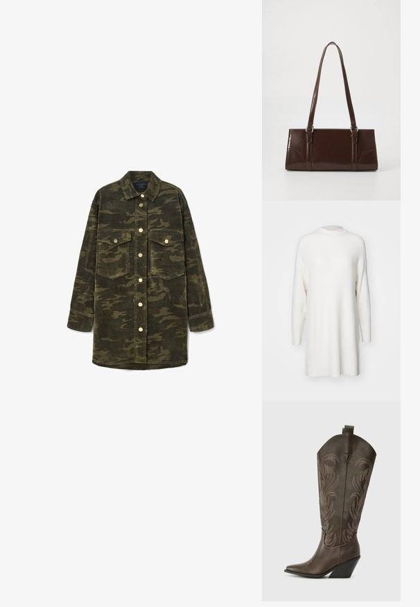 Hvid, ribbet langærmet sweater med høj hals og en løs, oversized pasform. Blød tekstur og lige kant med sideskår.; Langærmet grøn og brun camo kordfløjl skjortejakke med krave, knaplukning foran og to brystlommer med klap.; Brune læder cowboystøvle med spids tå, kilehæl og dekorativ broderi. Har en høj stok og en trækflap.; Brun lakeret håndtaske med rektangulær form, to lange håndtag og subtile buede detaljer på fronten.
