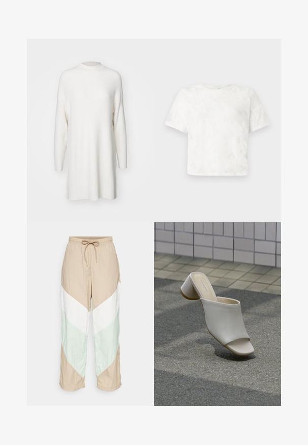 Pull long à manches longues blanc, à côtes, avec un col montant et une coupe ample décontractée. Texture douce et ourlet droit avec des fentes sur les côtés.; Haut blanc à manches courtes en dentelle texturée, avec un col rond et un motif floral sur tout le tissu. Coupe courte.; Pantalons légers à blocs de couleurs présentant des panneaux beige, blanc et vert clair dans un design en chevron. Taille élastique avec cordon de serrage ajustable.; Mule blanche à bout ouvert avec talon bloc sur sol pavé près d'un mur carrelé, inclinée pour montrer les vues latérale et supérieure.