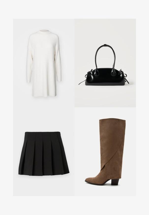 Hvid, ribbet langærmet sweater med høj hals og en løs, oversized pasform. Blød tekstur og lige kant med sideskår.; Sort plisseret miniskørt med et struktureret design, lavet af et glat materiale. Har en taljeelastik og jævnt fordelte lodrette plisseringer.; Brun ruskind knehøj støvle med en foldet detalje og en mellemhøj blokhæl, vist fra siden på en hvid baggrund.; Lille sort blank håndtaske med to lange håndtag og snøre-detaljer i siden på en ensfarvet lys baggrund.