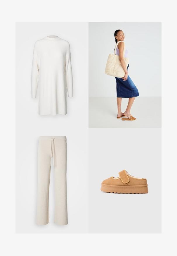 Hvid, ribbet langærmet sweater med høj hals og en løs, oversized pasform. Blød tekstur og lige kant med sideskår.; Beige brede bukser lavet af blødt stof, med en elastisk talje og snøre samt sideslidser i kanten.; Brune ruskind slip-on sko med velcrorem, rund tå og tyk platformsål med struktureret gummitræd.; Quiltet beige tote bag med tykke håndtag, rummelig design og blød tekstur, holdt af en person iført en lys lilla top og blå denimnederdel.
