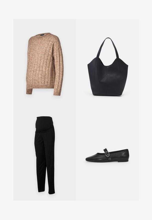 Brun ribbet sweater med rund hals, der har et tekstureret strikdesign. Lange ærmer og en afslappet pasform med synlige søm-detaljer.; Sorte graviditetsbukser lavet af blødt stof, med en bred strækbar talje, afslappet pasform og to sidelommer for funktionalitet.; Sorte læder flade sko med rund tå, et enkelt justerbart spænde og en glat, blank overflade. Minimalistisk design med en lav hæl.; Sort tote taske lavet af glat læder, med en buet, åben top, to skulderstropper og et minimalistisk design.