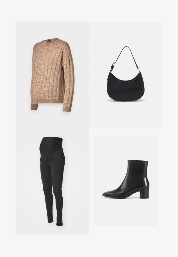 Brun ribbet sweater med rund hals, der har et tekstureret strikdesign. Lange ærmer og en afslappet pasform med synlige søm-detaljer.; Sorte graviditetsjeans med en blød, strækbar talje, slim-fit design og to frontlommer. Fremstillet af denim med en glat overflade.; Sort læderankelstøvle med spids tå og en mellemhøj blokhælk. Glat tekstur og minimalistisk design. Ingen synligt hardware.; Sort hobo taske lavet af glat læder med en buet silhuet, der har en enkelt justerbar skulderrem og minimalistiske designdetaljer.