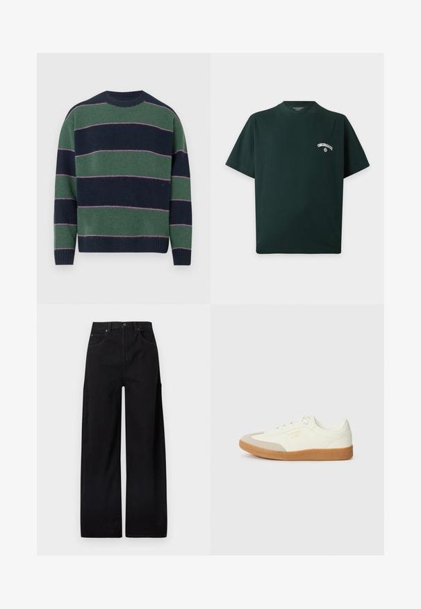 Pull en tricot de couleur bleu marine et vert avec des rayures horizontales. Encolure ronde et poignets côtelés. Texture douce avec des rayures accentuées en rose.; T-shirt vert foncé à manches courtes avec col rond, petit texte blanc « Originals Co. » et logo sur le côté gauche de la poitrine.; Pantalon large noir en denim de coton, doté d'une taille haute, de deux poches avant et d'une poche cargo latérale pour plus de fonctionnalité.; Baskets en cuir blanc avec une coque beige et une semelle en caoutchouc marron clair. Dotées de lacets blancs plats et d'un logo embossé sur le côté.