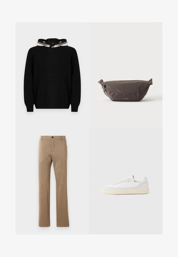 Pull-over noir à capuche, avec une texture lisse et des accents rayés autour du bord de la capuche. Design simple et coupe décontractée.; Pantalon marron ajusté, fabriqué dans un tissu texturé avec une coupe droite, présentant une fermeture à bouton à l'avant et des poches latérales.; Baskets blanches avec dessus en daim et cuir texturé. Caractérisées par un bout arrondi, une fermeture à lacets et une semelle en caoutchouc beige contrastante.; Sac banane en tissu marron foncé avec poche zippée en diagonale et petit logo blanc sur le devant, sur un fond clair uni.