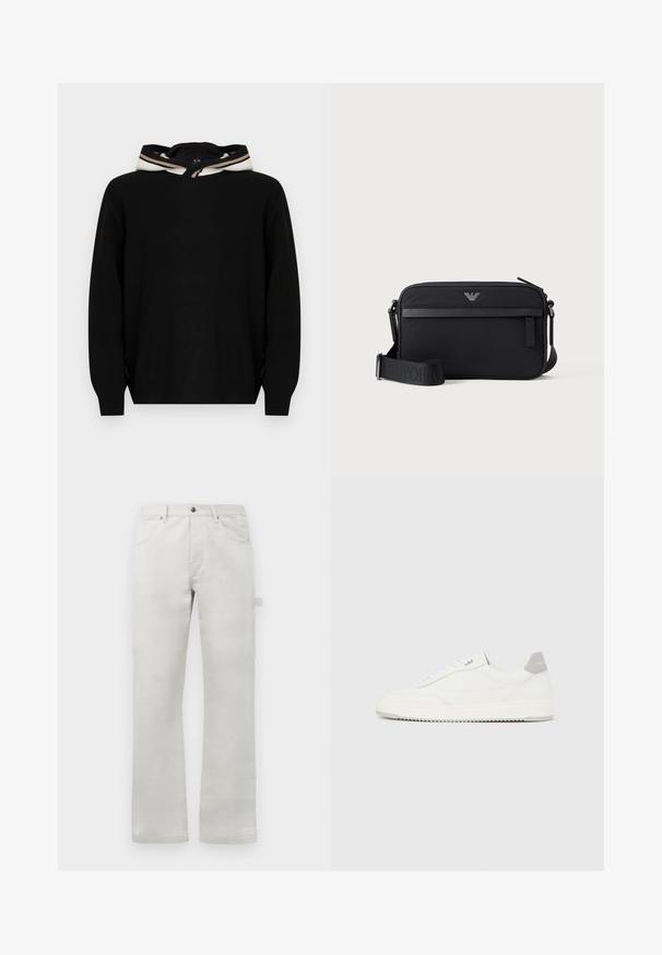 Pull-over noir à capuche, avec une texture lisse et des accents rayés autour du bord de la capuche. Design simple et coupe décontractée.; Pantalon gris clair à coupe droite, fabriqué en tissu en coton lisse, avec des poches avant et une poche cargo sur le côté.; Baskets basses blanches avec un onglet de talon gris, des lacets blancs et une semelle texturée, présentées sur un fond uni clair.; Sac bandoulière rectangulaire noir avec poche avant zippée, sangle réglable et petit logo métallique en haut au centre.