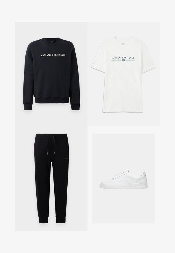 Sweatshirt noir avec col ras du cou, poignets et ourlet côtelés, avec le logo "ARMANI EXCHANGE" en blanc sur la poitrine.; T-shirt en coton blanc à manches courtes, avec un logo "ARMANI EXCHANGE" bleu et vert et "1991" centré en dessous.; Pantalons de sport noirs en mélange de coton, dotés d'une taille élastique avec cordon de serrage, de chevilles côtelées et d'une impression de logo discrète sur le côté.; Baskets basses blanches avec un design à lacets, dessus en cuir lisse et semelle épaisse, montrées de profil sur un fond uni.