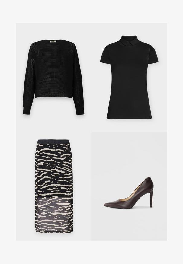 Pull noir à manches longues en maille avec un tissage lâche et ouvert, avec des poignets et un col côtelés, étiqueté DRYKORN.; Polo noir ajusté à manches courtes avec col classique, posé à plat sur un fond uni et clair, sans logos ni ornements visibles.; Jupe à imprimé zèbre noir et blanc avec un design transparent et une ceinture élastique. Le tissu a une texture lisse et un motif ondulé.; Escarpin en cuir marron foncé à bout pointu avec un talon aigu mince, présenté de côté sur un fond blanc.