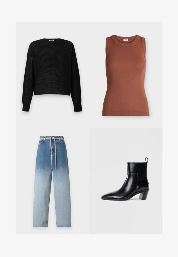 Pull noir à manches longues en maille avec un tissage lâche et ouvert, avec des poignets et un col côtelés, étiqueté DRYKORN.; Débardeur marron slim fit en côtes sans manches avec encolure ronde et étiquette de marque à l’intérieur du col.; Jean taille haute à jambes larges avec un délavage bleu dégradé, poches avant, passants pour ceinture et une ceinture en denim nouée à la taille.; Bottine en cuir noir avec un bout pointu, un talon empilé géométrique et une languette à l'arrière. Texture lisse et design épuré.