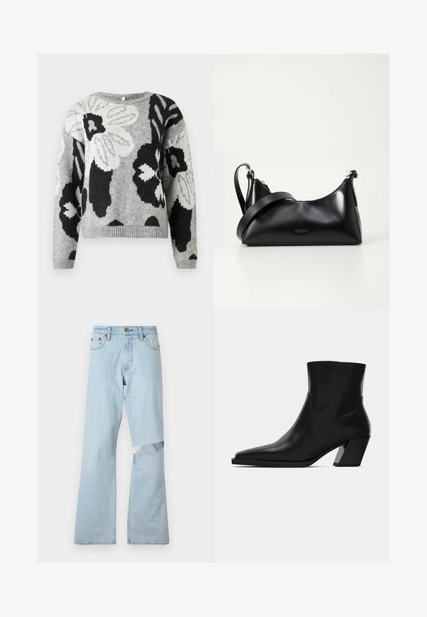 Gebreide trui in grijs met een bloemenpatroon en zwarte en witte accenten. Ronde hals, geribde zoom en mouwen, ontspannen pasvorm.; Lichtblauwe denim jeans met een uitlopende snit, met een verweerd stuk op de knie en standaard voorzakken.; Zwarte leren enkelboot met een spitse neus, een slanke silhoeet en een chunky vierkante hak. Gladde textuur met minimale stikdetails.; Zwarte leren handtas met een gladde textuur. Beschikt over een verstelbare schouderband en een strak, minimalistisch ontwerp met een ritssluiting.