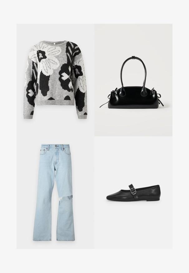 Gebreide trui in grijs met een bloemenpatroon en zwarte en witte accenten. Ronde hals, geribde zoom en mouwen, ontspannen pasvorm.; Lichtblauwe denim jeans met een uitlopende snit, met een verweerd stuk op de knie en standaard voorzakken.; Zwarte leren platte schoen met een ronde neus, een enkele verstelbare gespsluiting en een gladde, glanzende textuur. Minimalistisch ontwerp met een lage hak.; Kleine zwarte glanzende handtas met twee lange hengsels en zijkant trekkoord details op een effen lichte achtergrond.