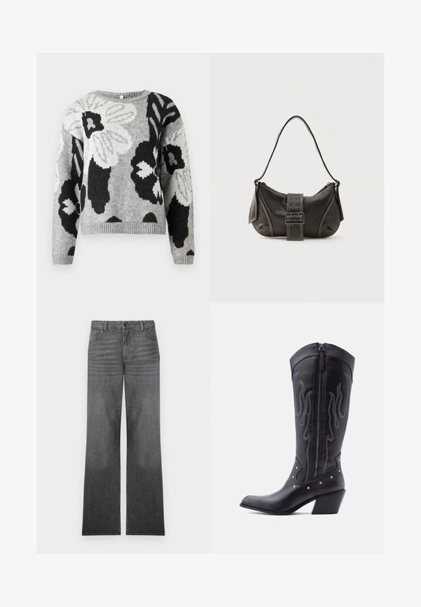 Pull en tricot gris avec un motif floral, accents noirs et blancs. Col rond, ourlet et poignets côtelés, coupe décontractée.; Jean en denim gris à jambes larges avec un lavage moyen, présentant un design à cinq poches, une fermeture à bouton sur le devant et des détails de couture subtils.; Bottes de cow-boy en cuir noir avec bout pointu, coutures apparentes, ornements à clous argentés et fermeture éclair sur le côté intérieur.; Sac à épaule en cuir noir avec une sangle à boucle, des bords arrondis et des coutures blanches contrastées sur un fond uni.