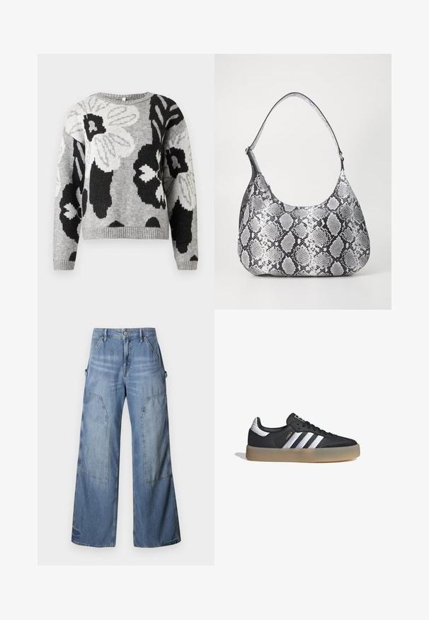 Suéter de punto en gris con un patrón floral en tonos blanco y negro. Cuello redondo, dobladillo y puños acanalados, corte relajado.; Good American GOOD EASE RELAXED - Vaqueros boyfriend - indigo; Zapatilla deportiva de cuero negro con tres rayas plateadas, punta texturizada y suela de goma. Cuenta con un collar acolchado y un diseño con cordones.; Bolso de hombro con estampado de serpiente en blanco y negro, de forma redondeada, textura suave y correa curvada. Presenta un acento de hardware plateado.
