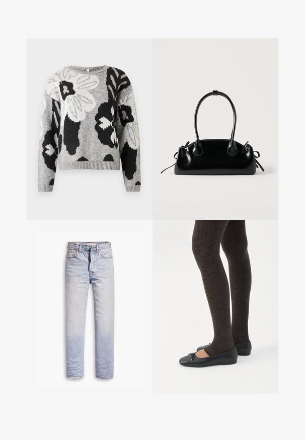 Gebreide trui in grijs met een bloemenpatroon en zwarte en witte accenten. Ronde hals, geribde zoom en mouwen, ontspannen pasvorm.; Lichtblauwe denim jeans met een straight leg ontwerp, voorzien van een knoopgulp, vijf zakken en subtiele vervaging langs de benen.; Benen met donkere geribbelde leggings gecombineerd met zwarte ballerina's met kleine strikdetails op een witte achtergrond.; Kleine zwarte glanzende handtas met twee lange hengsels en zijkant trekkoord details op een effen lichte achtergrond.