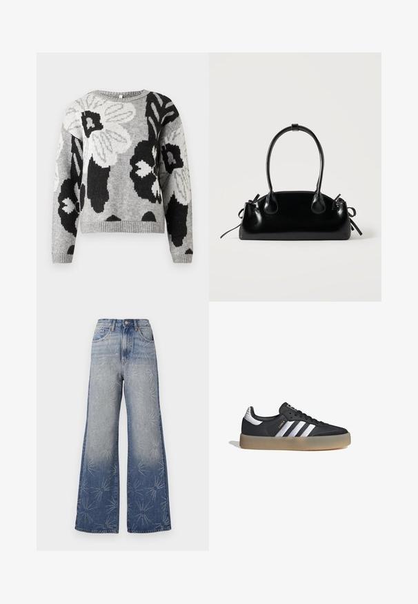 Suéter de punto en gris con un patrón floral en tonos blanco y negro. Cuello redondo, dobladillo y puños acanalados, corte relajado.; Jeans de pierna ancha en denim azul claro, con patrones de explosión de estrellas plateadas. Cintura alta con cierre de botón y diseño clásico de cinco bolsillos.; Zapatilla deportiva de cuero negro con tres rayas plateadas, punta texturizada y suela de goma. Cuenta con un collar acolchado y un diseño con cordones.; Pequeño bolso negro brillante con dos asas largas y detalles de cordón lateral sobre un fondo claro liso.