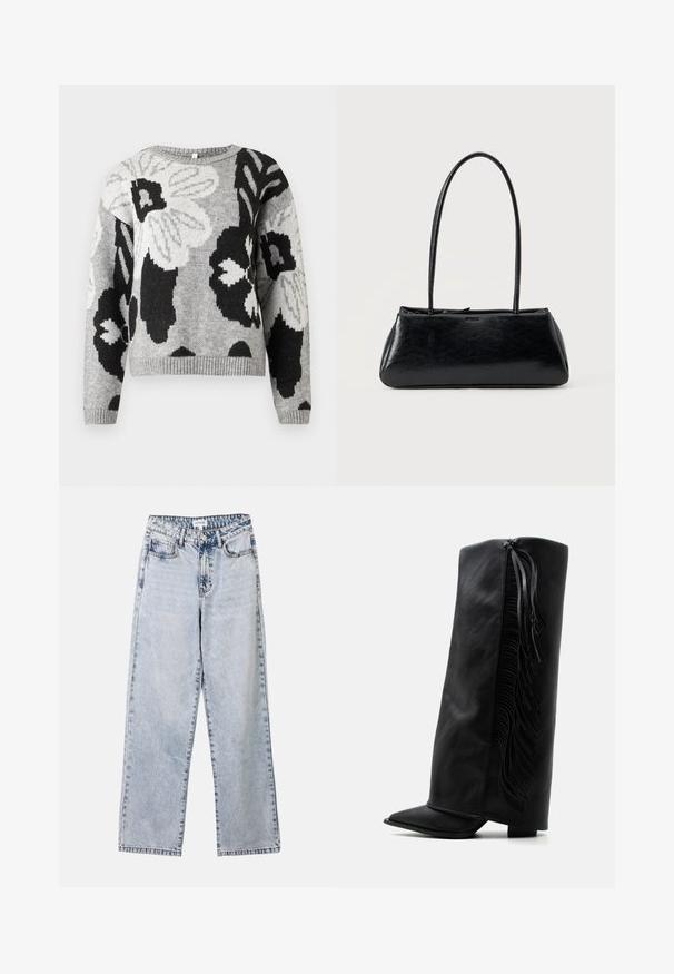 Gebreide trui in grijs met een bloemenpatroon en zwarte en witte accenten. Ronde hals, geribde zoom en mouwen, ontspannen pasvorm.; Lichtblauwe straight-leg jeans van denim, met twee voorkruimelzakken, een knoopsluiting en contrasterende stiksels langs de naden.; Zwarte leren kniehoge laars met spits toelopende neus en decoratieve franjes langs de buitenkant tegen een effen witte achtergrond.; Zwarte rechthoekige schoudertas met lange dunne banden en een gladde, glanzende textuur op een effen achtergrond.