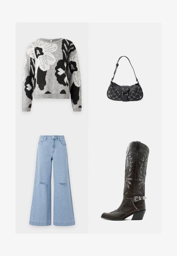 Gebreide trui in grijs met een bloemenpatroon en zwarte en witte accenten. Ronde hals, geribde zoom en mouwen, ontspannen pasvorm.; Lichtblauwe wijde jeans met een hoge taille, voorzien van twee voorkruiszakken en twee gescheurde knieën, gemaakt van denim.; Zwarte leren cowboylaars met decoratieve uitsnijdingen, zilveren gesp en schuine hak, weergegeven op een witte achtergrond.; Zwarte handtas met een gekruist textuur, voorzien van zilveren hardware, een gebogen vorm en een enkele verstelbare hengsel. Ritssluiting aan de bovenkant.