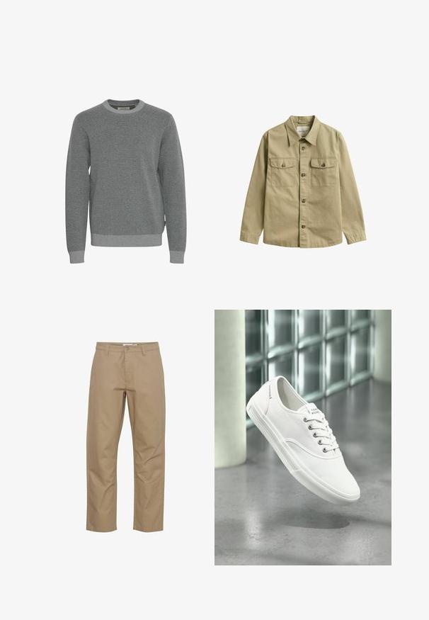 Grå striktrøje med rund halsudskæring, lange ærmer og ribbede manchetter. Har en struktureret stof og et subtilt mønster hele vejen igennem.; Khaki langærmet skjorte med knapper, krave og to forlommer med knapklapper.; Beige bomuldsbukser med lige ben-design, der har en frontknap og lynlås lukning, sidelommer og et rent finish.; Hvid lavtop lærredssneaker med snørebånd, mærket Tommy Hilfiger, vist svævende over en glat grå gulv nær en væg af glasblokke.