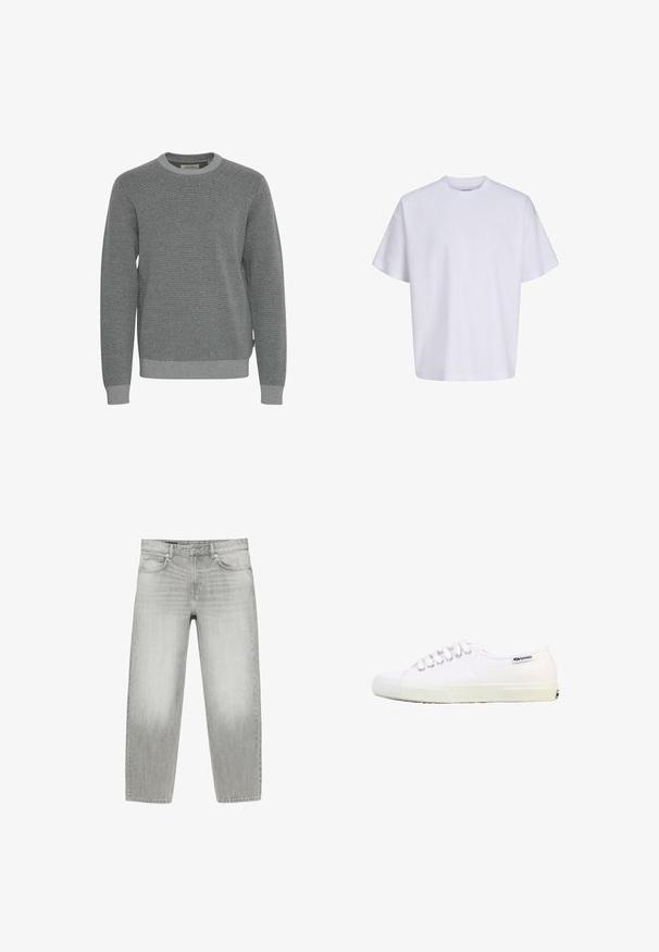 Grå striktrøje med rund halsudskæring, lange ærmer og ribbede manchetter. Har en struktureret stof og et subtilt mønster hele vejen igennem.; Simpel hvid oversized t-shirt med korte ærmer, rund hals og løs pasform mod en hvid baggrund.; Lysegrå jeans med lige ben, forlommer, bæltestropper, knap og lynlåslukning på hvid baggrund.; Hvid lavt skåret lærredssneaker med hvide snørebånd, gummisål og lille sort "Superga"-logo nær hælen på en hvid baggrund.
