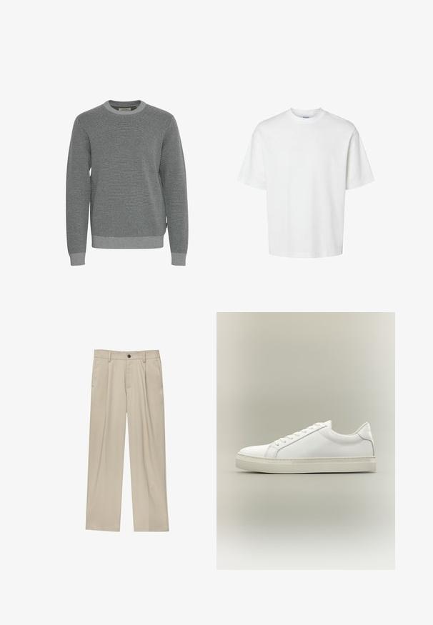 Grå striktrøje med rund halsudskæring, lange ærmer og ribbede manchetter. Har en struktureret stof og et subtilt mønster hele vejen igennem.; Enkel hvid t-shirt med korte ærmer, rund hals og løs pasform vist på hvid baggrund.; Beige bukser med lige snit, der har en enkelt sort knap, bæltestropper og sidelommer. Glat stoftekstur og minimalistisk design.; Hvid lavtop sneaker med snørebånd foran og tyk sål, vist fra siden mod en neutral baggrund.