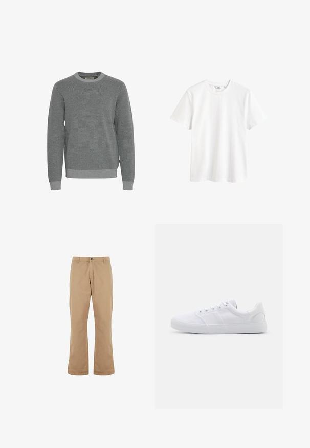 Grå striktrøje med rund halsudskæring, lange ærmer og ribbede manchetter. Har en struktureret stof og et subtilt mønster hele vejen igennem.; Hvid kortærmet t-shirt med rund halsudskæring og en lille mærkeetiket indeni kraven.; Beige bomuldsbukser med lige pasform, der har knaplukning, forlommer og en glat tekstur.; Hvide lærreds sneakers med gummisål, der har seks snørehuller, en struktureret tåkap og et minimalistisk design.
