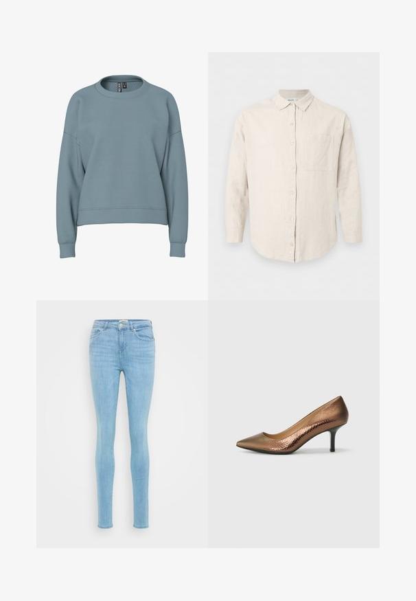 Sweat-shirt bleu clair à col rond avec manches longues et poignets côtelés, présentant une coupe légèrement courte et décontractée.; Chemise beige à manches longues avec col et poche poitrine, en tissu texturé, présentée sur un fond blanc uni.; Jean skinny bleu clair avec une texture lisse, doté d'une fermeture par bouton, de cinq poches et d'un léger délavage. Design en denim standard.; Chaussure à talon haut à bout pointu en bronze métallique avec un motif texturé peau de serpent, présentant un design élégant et un talon fin noir.