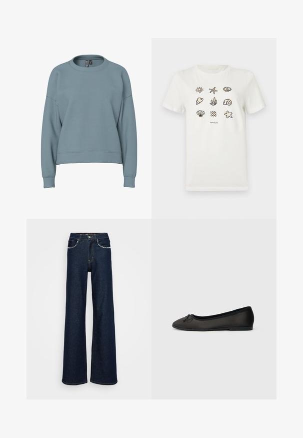 Sweat-shirt bleu clair à col rond avec manches longues et poignets côtelés, présentant une coupe légèrement courte et décontractée.; T-shirt en coton blanc avec divers motifs inspirés de l'océan, comprenant des étoiles de mer, des coquillages et des vagues, disposés en motif de grille.; Jean large en denim bleu foncé, avec une taille haute, fermeture à bouton en métal et coutures décoratives le long des poches.; Ballerines noires avec une finition mate lisse, un bout arrondi et un nœud décoratif à l'avant. Elles présentent un talon bas et plat.