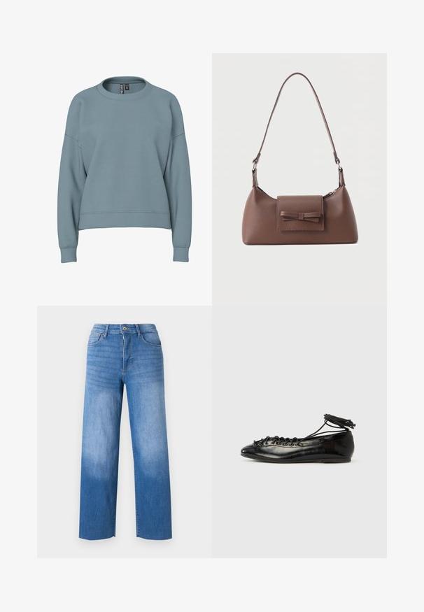 Lichtblauwe crewneck-sweatshirt met lange mouwen en geribbelde manchetten, met een licht cropped, relaxte pasvorm.; Lichtblauwe denim spijkerbroek met een wijd uitlopend model, voorzien van een vijf-pocket ontwerp, een rits en subtiele vervaging op de dijen. Schoon afgewerkte randen.; Zwarte ballerina's van lakleer met een afgeronde neus, veterdesign en een platte zool. Glad oppervlak met minimale details.; Bruine leren schoudertas met een voorvak met klep en een gestikte strikdetail en een verstelbare band.