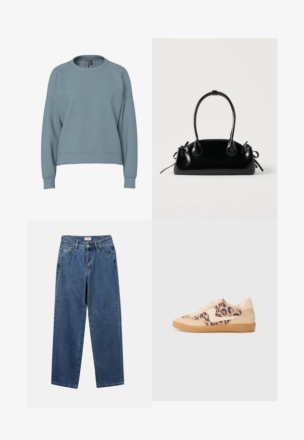 Lichtblauwe crewneck-sweatshirt met lange mouwen en geribbelde manchetten, met een licht cropped, relaxte pasvorm.; Klassieke blauwe denim jeans met een rechte pijp, vijf zakken en een knoopsluiting. Heeft een middelgrote wasbeurt en stevige textuur.; Luipaardprint sneakers met een beige suède bovenkant, tan rubberen zool en witte accenten. Ronde neus en vetersluiting met een gestructureerde afwerking.; Kleine zwarte glanzende handtas met twee lange hengsels en zijkant trekkoord details op een effen lichte achtergrond.