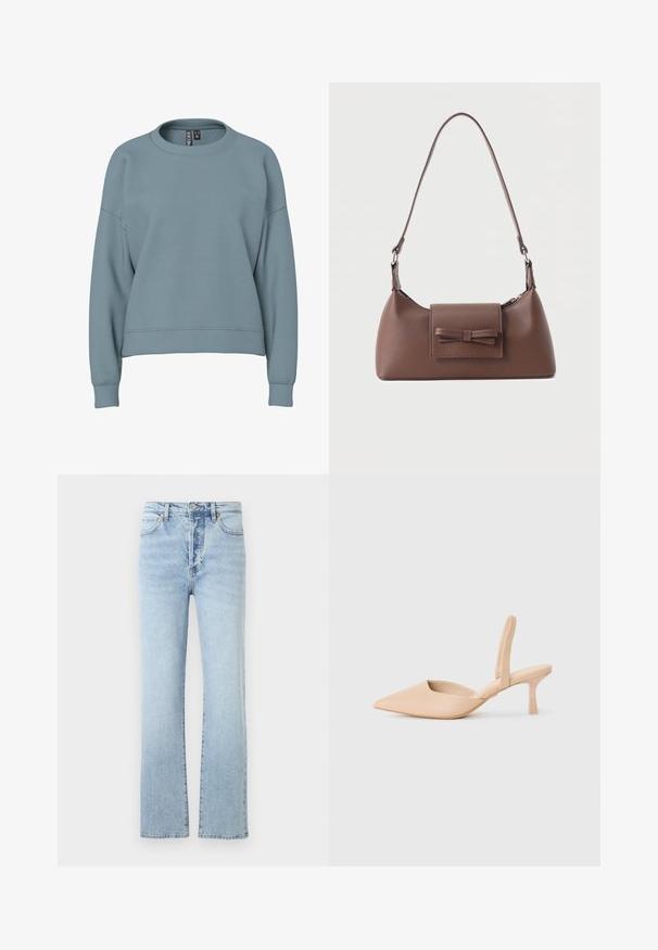 Sweat-shirt bleu clair à col rond avec manches longues et poignets côtelés, présentant une coupe légèrement courte et décontractée.; Jean en denim bleu clair avec une coupe droite, dotés d'une taille haute, d'un style classique à cinq poches et d'un léger effet délavé.; Chausson slingback beige à bout pointu avec un petit talon carré. Matériau synthétique lisse, côtés ouverts et détails de design minimalistes.; Sac à bandoulière en cuir marron avec une poche à rabat avant ornée d'un détail en forme de nœud cousu et une sangle réglable.