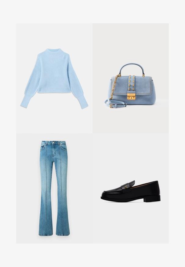 Lichtblauwe gebreide trui met een hoge hals, geribbelde textuur en ballonmouwen, met aansluitende boorden en een cropped ontwerp.; Lichtblauwe denim jeans met hoge taille, voornaaddetails, voorzakken, riemlussen en uitlopende pijpen tegen een witte achtergrond.; Zwarte leren loafer met lage hak en gouden hartvormige versiering op het riempje, weergegeven in zijaanzicht op een neutrale achtergrond.; Lichtblauwe suède handtas met gouden studs, kettingdetail, handvat bovenaan, verstelbare riem en gouden slotbeslag op de voorflap.