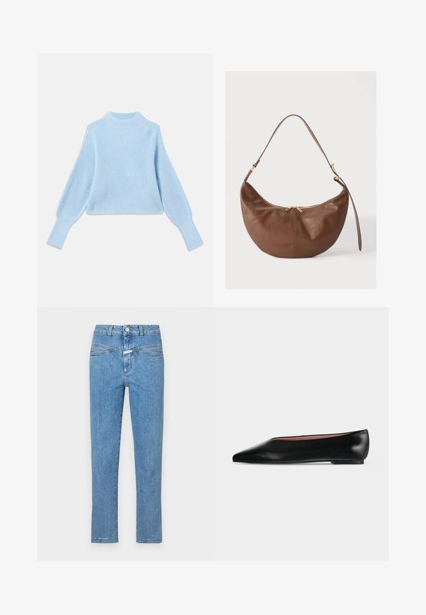 Lichtblauwe gebreide trui met een hoge hals, geribbelde textuur en ballonmouwen, met aansluitende boorden en een cropped ontwerp.; Lichtblauwe denim jeans met een recht gesneden ontwerp, vijf zakken en een knoopsluiting. Heeft een licht vervaagde textuur en minimale stiksels.; Zwarte leren damesschoen met platte zool, puntige neus en lage hak, zijwaarts afgebeeld tegen een effen lichtgrijze achtergrond.; Zachte bruine leren schoudertas met gouden rits en verstelbare riem op een effen lichte achtergrond.