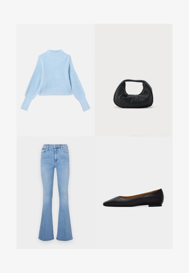Lichtblauwe gebreide trui met een hoge hals, geribbelde textuur en ballonmouwen, met aansluitende boorden en een cropped ontwerp.; Lichtblauwe flare jeans met een hoge taille, gemaakt van denimstof, met voorzakken en een subtiele vervaagde textuur.; Zwarte leren puntschoen met lage hak en gladde afwerking, zijaanzicht op een lichtgrijze achtergrond.; Zwarte geweven hobo-tas met een zachte structuur en geïntegreerd handvat, weergegeven op een effen lichte achtergrond.